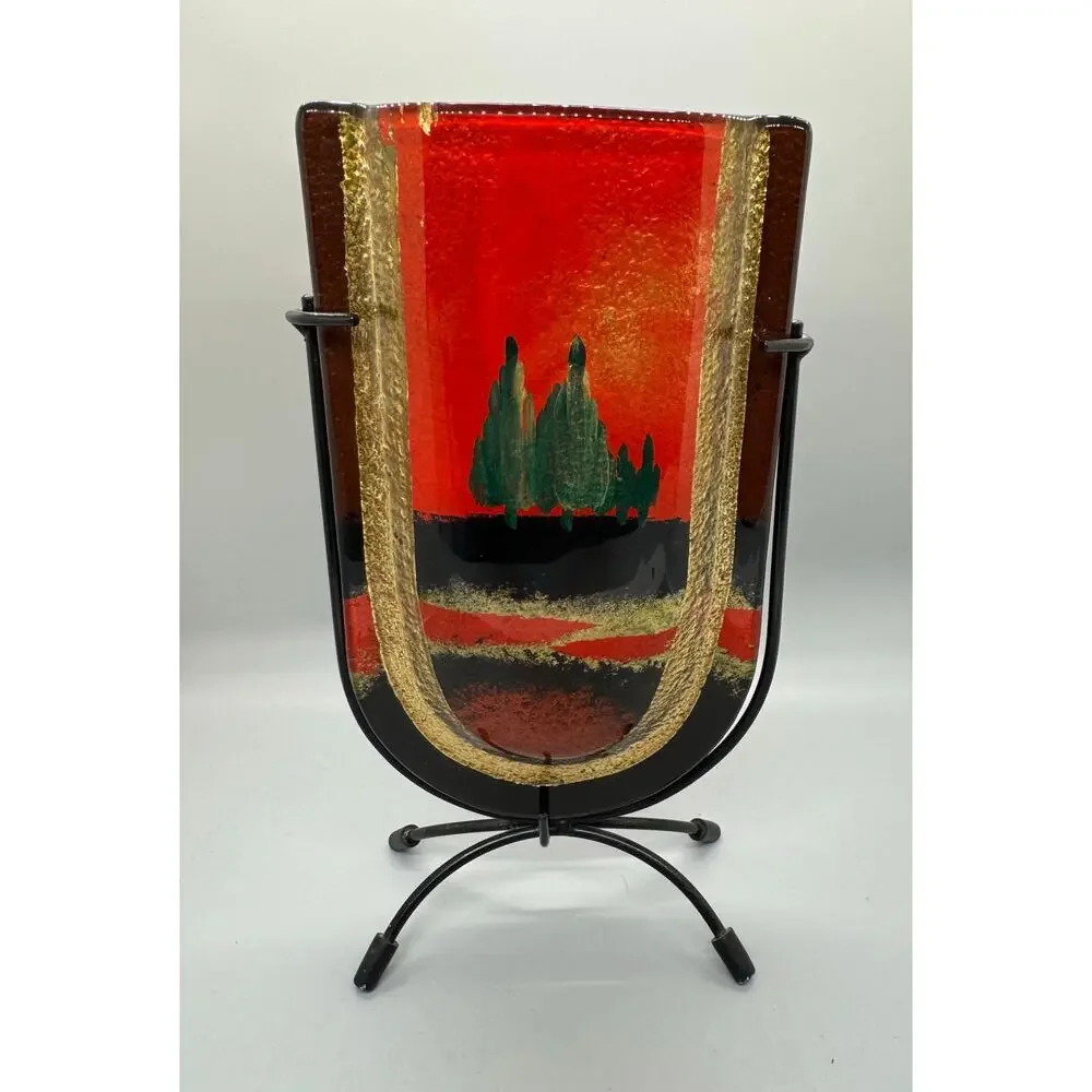 Vintage Jasmine Art Glass Vase in Metal Stand Black Gold Red Green Trees Vibrant